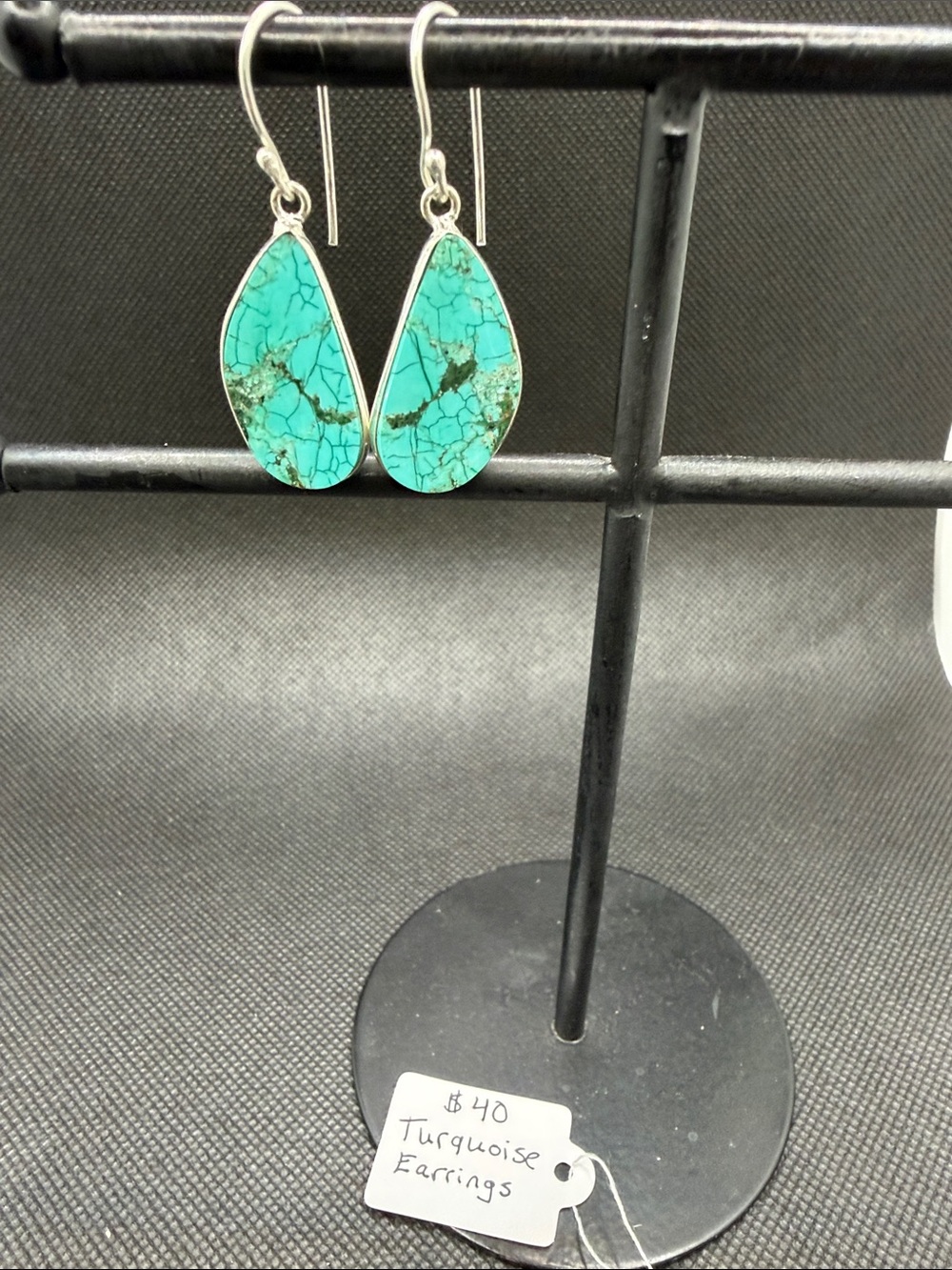 Turquoise Teardrop Dangle Earrings - Sterling Silver Setting 2”